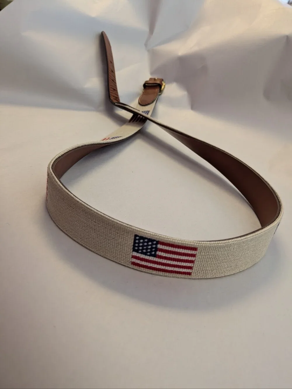 Smathers And Branson American Flag Needlepoint Mens Belt Leather Back